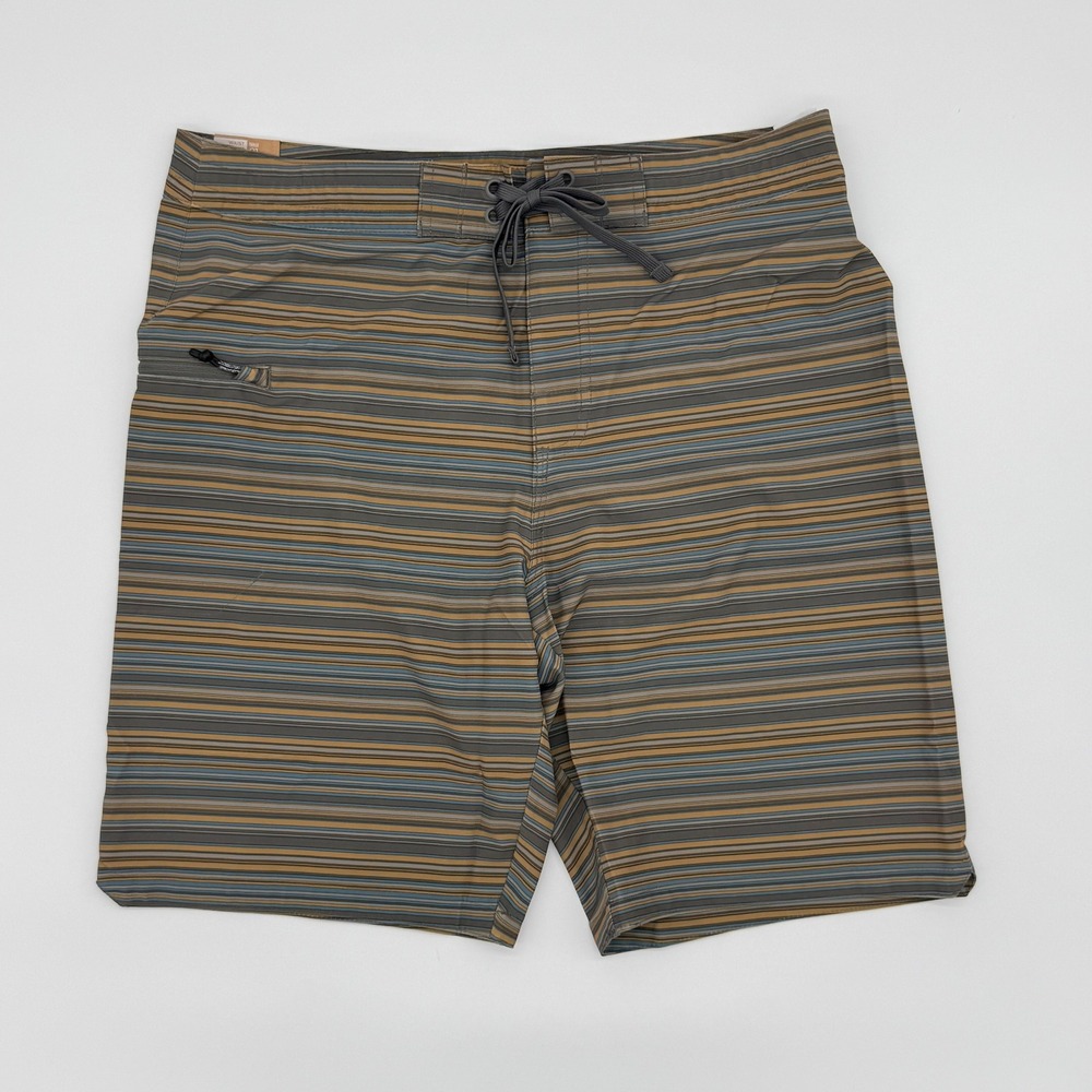 Prana Fenton Boardshort Flint Clean Stripe Mens 32 Brown Blue Swim Trunks